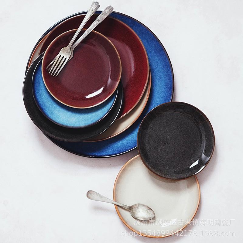Japanese Retro Glazed Ceramic Round Dinner Plate Set Breakfast Salad Steak Dessert Microwave Safe Multiple Sizes Colors