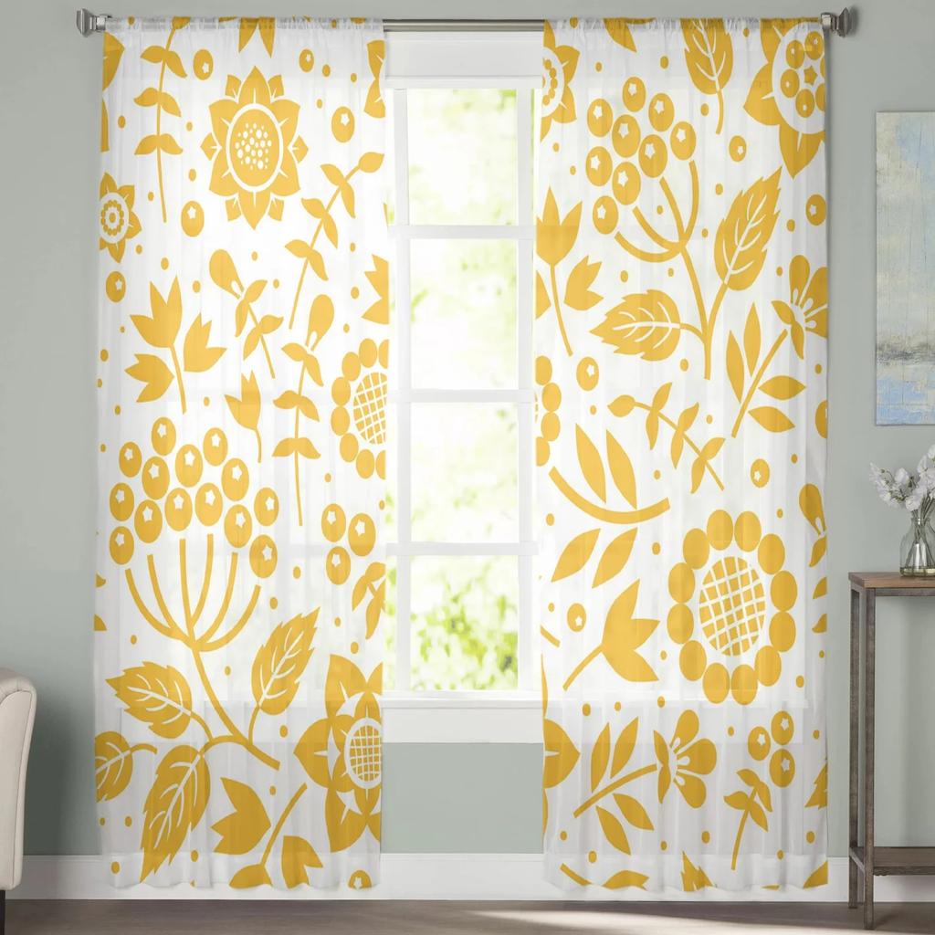 Yellow Branch Plant Flower Tulle Curtains for Bedroom Modern Voile Curtains Home Decoration Window Curtains