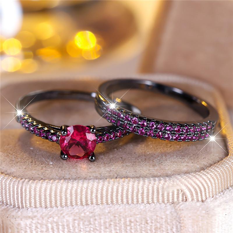 Female Crystal Blue Zircon Stone Heart Engagement Ring Set Luxury Black Gold Color Wedding Jewelry For Women