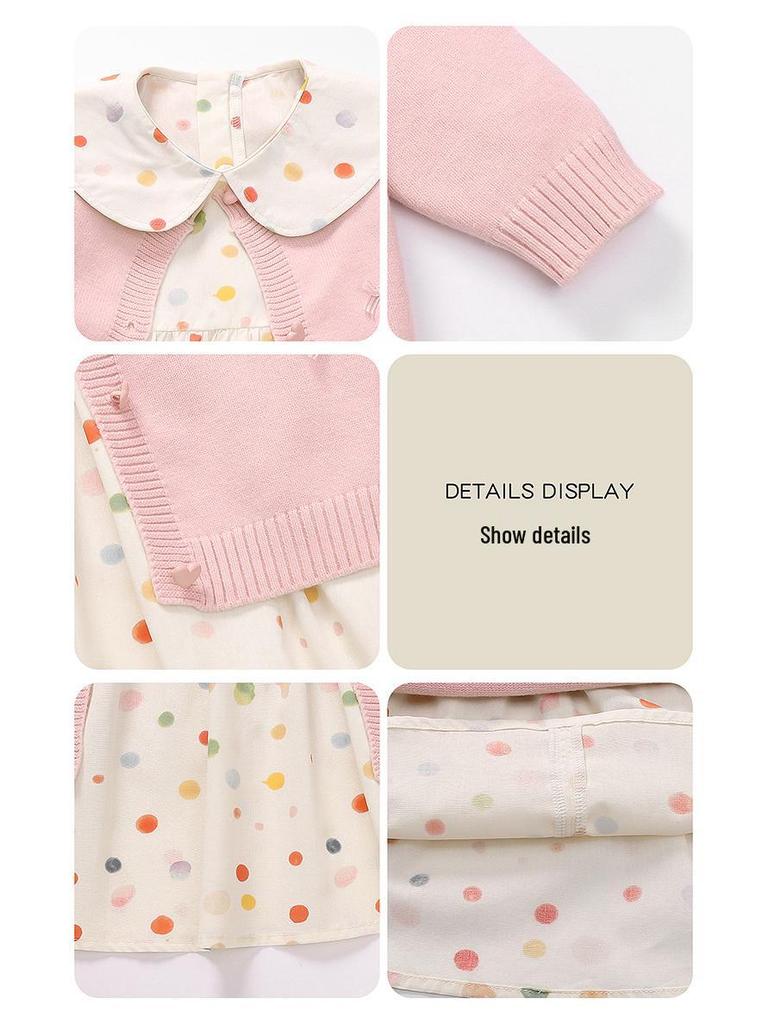 Girls' Polka Dot Doll Collar Knit Dress & Cardigan Set - Spring/Autumn Two-Piece Outfit