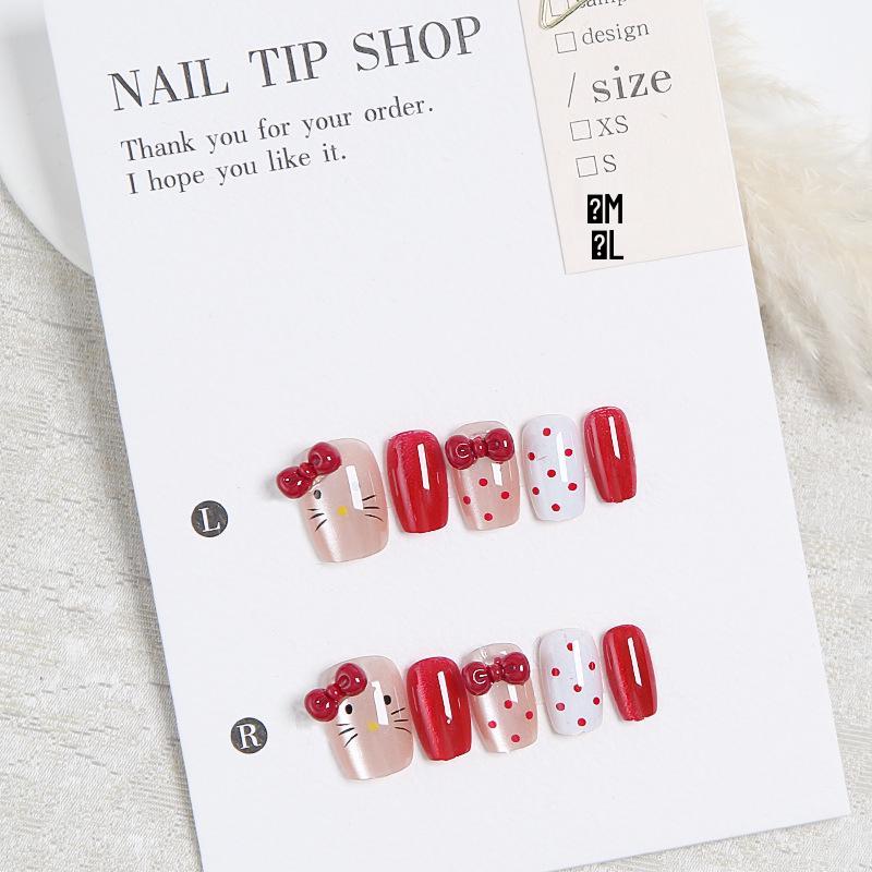Red Polka Dot KT Cat Nail Stickers: Short Cartoon Cat Eye False Nails