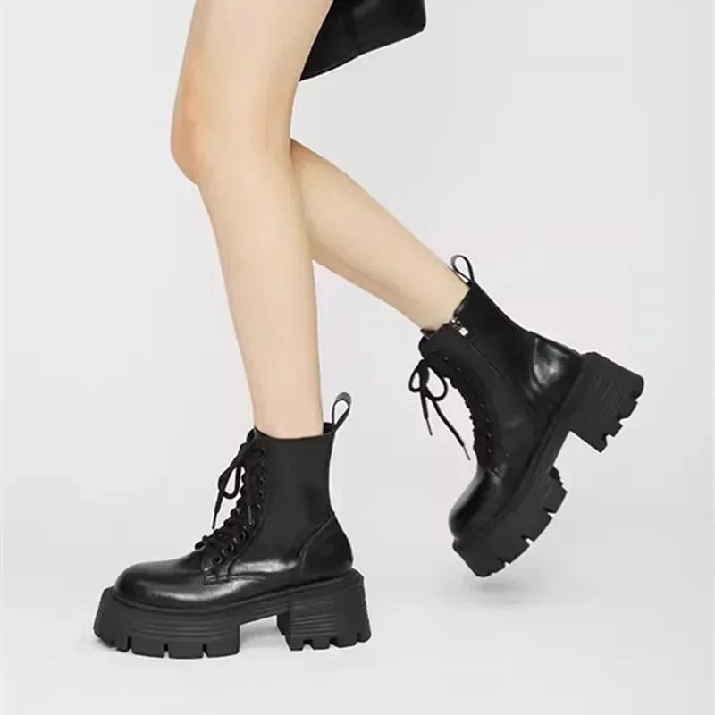 Moda 2025 Botas de plataforma a media pantorrilla negras con tacón grueso para mujer, diseño de cremallera lateral con cordones, botas de motociclista de PU de cuero suave para mujer Botas
