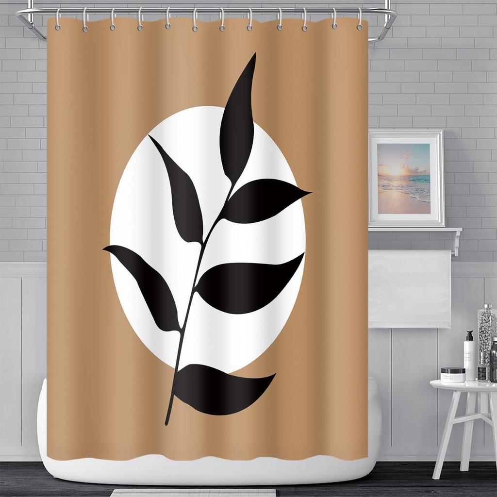 Boho Floral Bathroom Shower Curtain - Tropical Green Leaves, Pink Flowers - Waterproof Polyester Fabric - Mid Century Modern