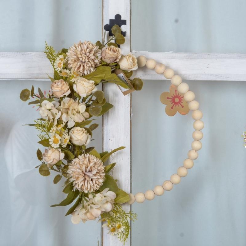 Artificial Flower Wood Beads Wreath Spring Wreath Decoration for Front Door Farmhouses Wedding Thanksgiving Decoration