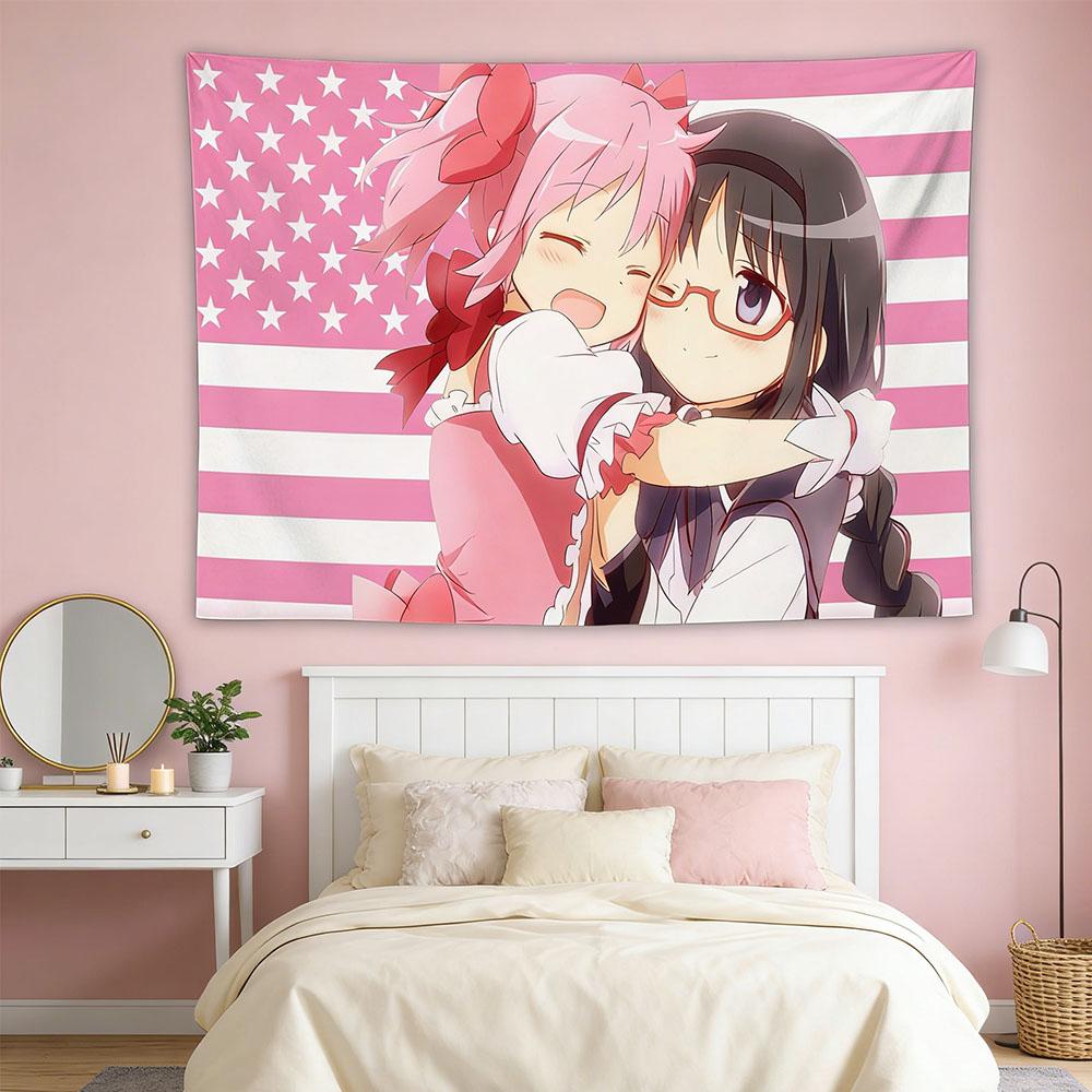 Jmg Household Supplies Madoka & Homura Hugging Usa Flag Tapestry, Print Polyester Wall Hanging, Kawaii Otaku Decor For Bedroom & Living Room