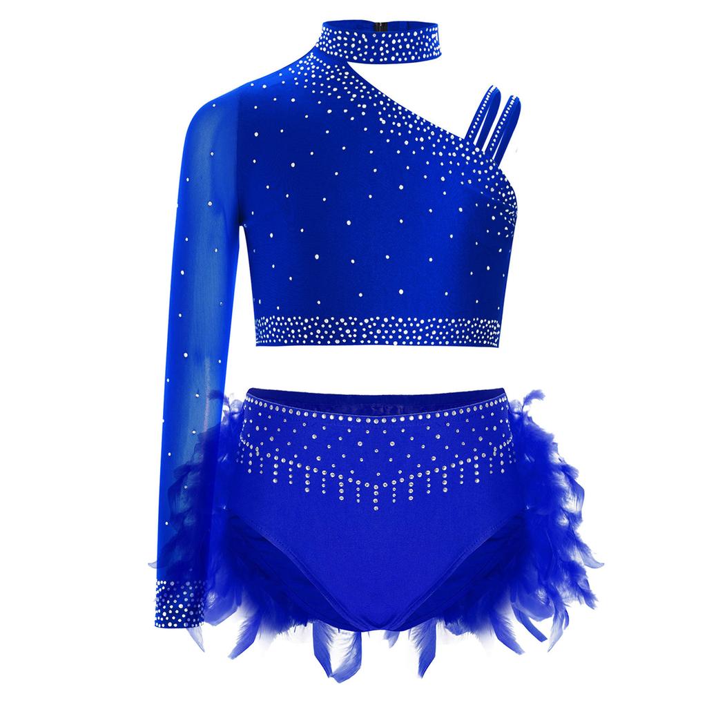 Girls Dance Performance Costume Sparkly Rhinestones Tops Unique Irregular Shoulder Crop Top Feather Detail Briefs Set