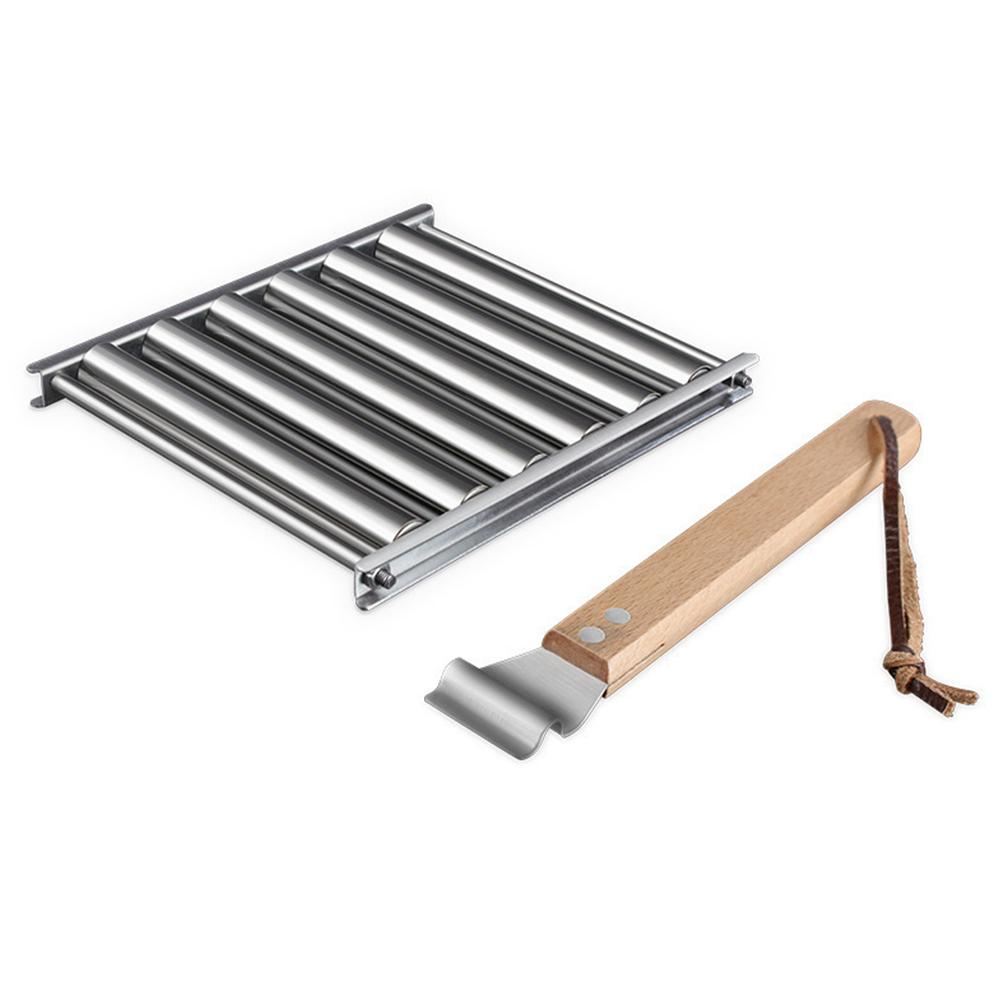 Hot Dog Roller Sausage Roller Rack Stainless Steel Hot Dog Grill Roller with Wooden Handle 5 Hot Dog Capacity Grill Accessories