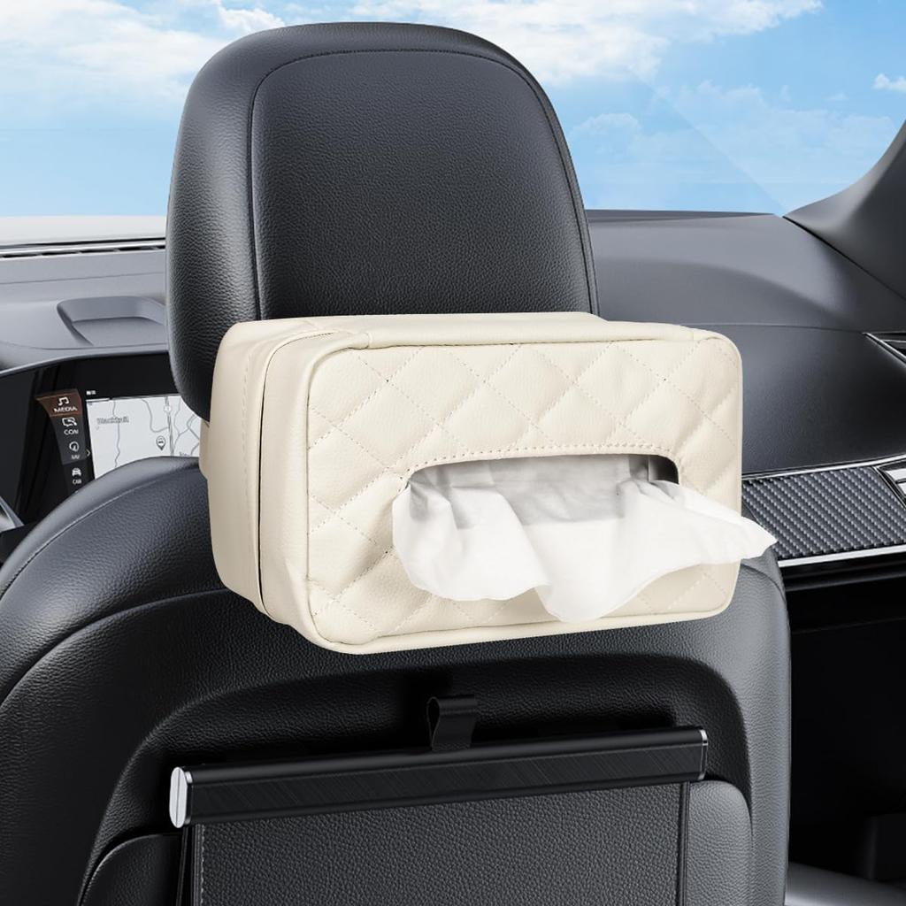 Car Tissue Holder, Standard PU Leather Napkin Organizer For Backseat, Extra Large Fits 120-150 Tissues Per Box, 9.84'' X 3.94'' X 5.51'' (Beige)