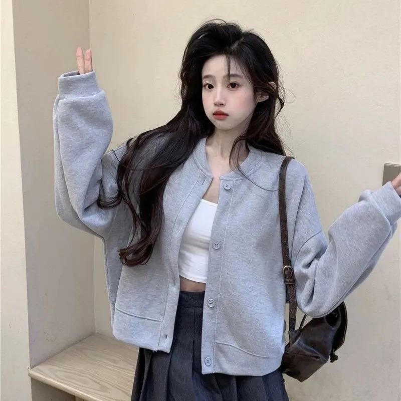 Korean Fashion Versatile Baseball Uniform Sweatshirt Jacket for Women Spring and Autumn Loose Stand-up Collar Cardigan Top