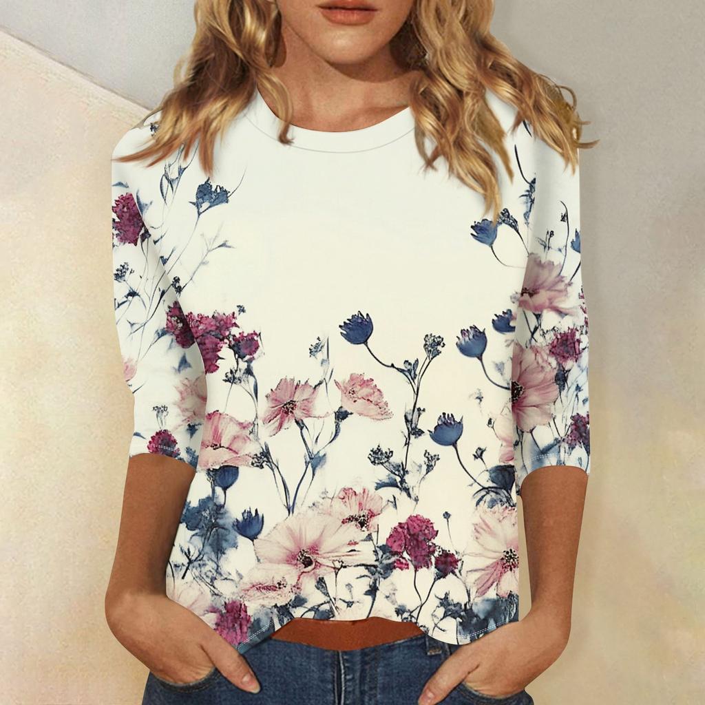 3/4 Sleeve Tops For Women T-Shirt Casual  Print Tops T Shirt Round Neck Pullover Blouse
