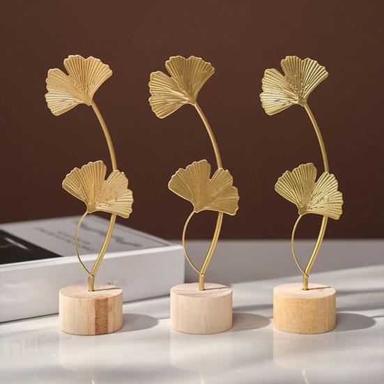 jijijing Metal Leaf Ornaments, Gold Palm Leaf, Ginkgo Feather Statue with Wood Base, Modern Desktop Sculpture for Living Room, Bookshelf, Office Desk