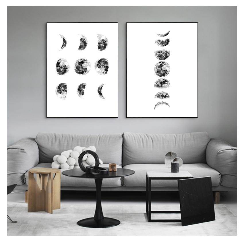 

Белая луна с фазами холста, художественные принты, минималистский космический постер, картина для гостиной, домашний декор, солнечная система, настенное искусство, черный и 21cm×30cm NoFrame