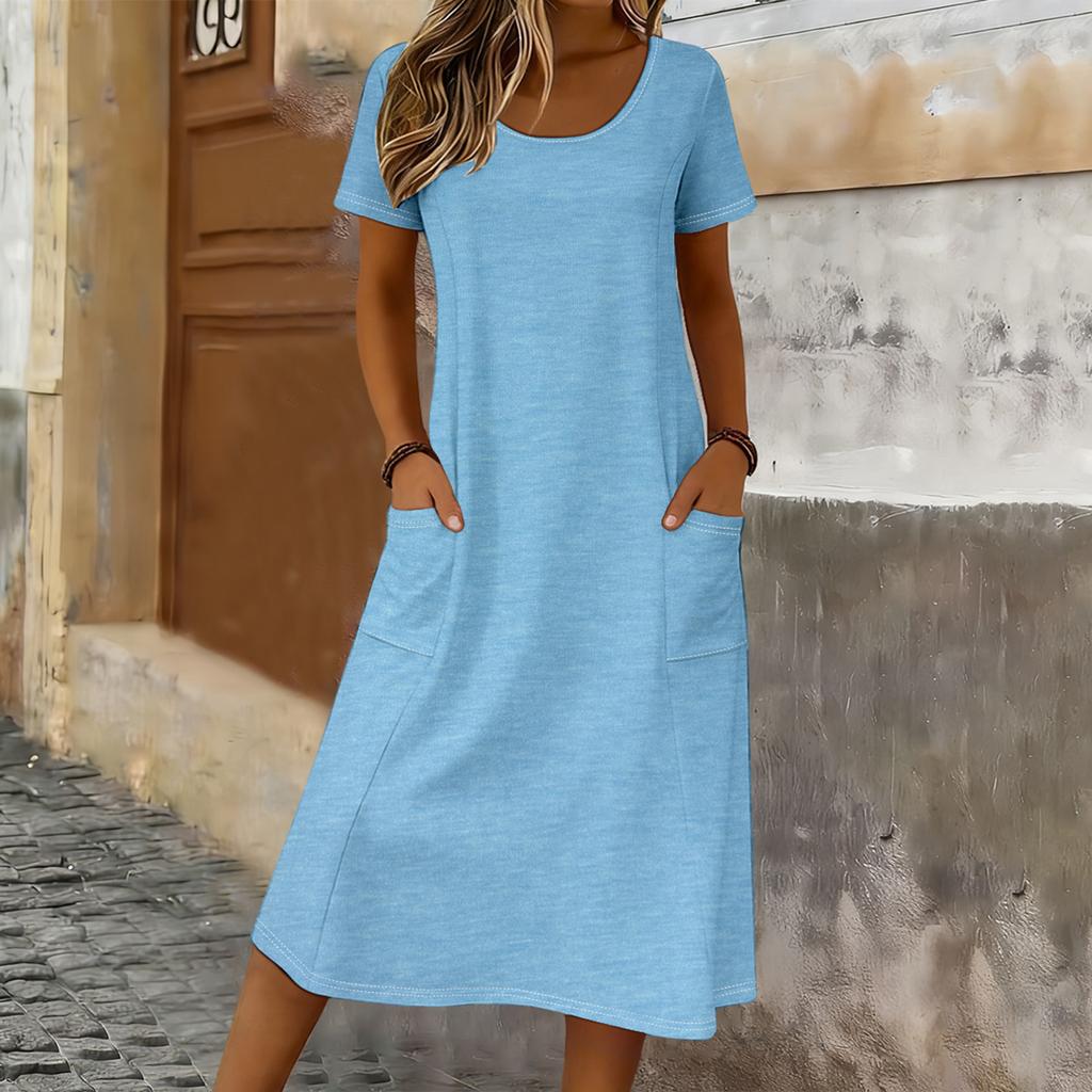 Women Casual Loose Fit Crew Neck Short Sleeve Midi Dress with Pockets Soft Fabric Comfortable Everyday Wear Suitable for Various Occasions