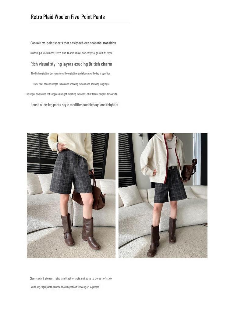 Sinan Retro British Plaid High-Waisted Wide-Leg Wool Shorts SN8521