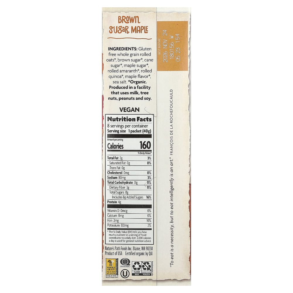 Nature's Path Oatmeal Brown Sugar Maple 8 Pack 320g (11.3oz)