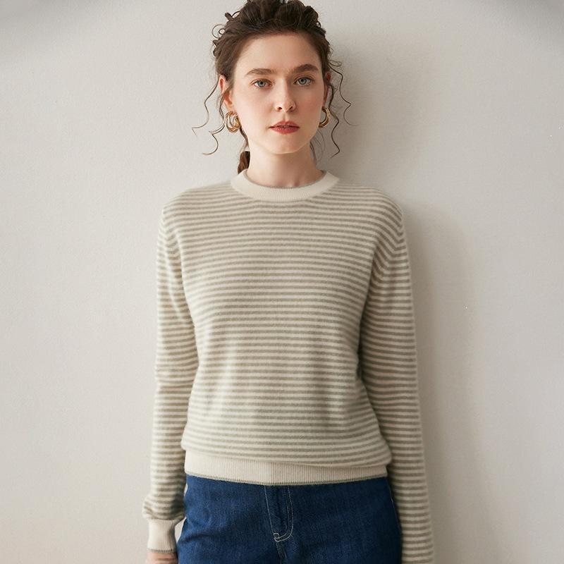 Women's Striped Cashmere Sweater - Long Sleeve, Loose Fit, Round Neck, Versatile Knitwear for Autumn/Winter