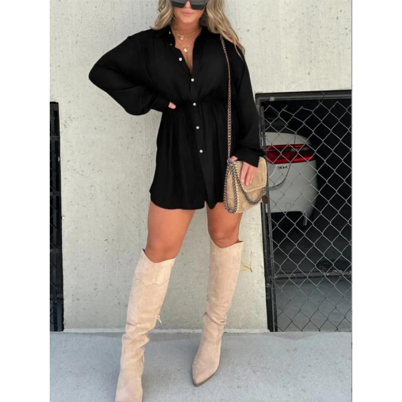 women s Solid Color Button Down Long Sleeve Shirt Drawstring Waist Casual Romper Short Jumpsuit S