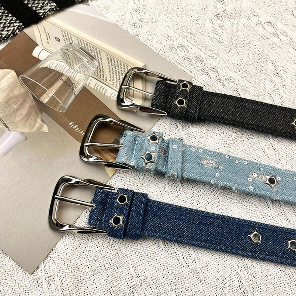 Luxury Star Hollowed Pin Buckle Retro Jeans Belt Korean Style Harajuku Metal Buckle Belts Wide Aesthetic Denim Belt Women