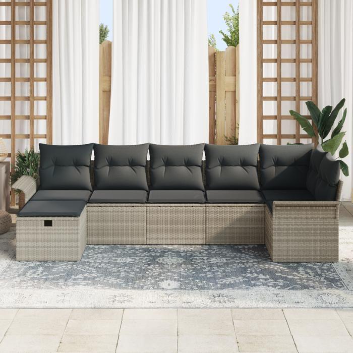 VidaXL Set de Canapés de Jardin 7 pièces avec Coussins Gris Clair Rotin Poly 3358901