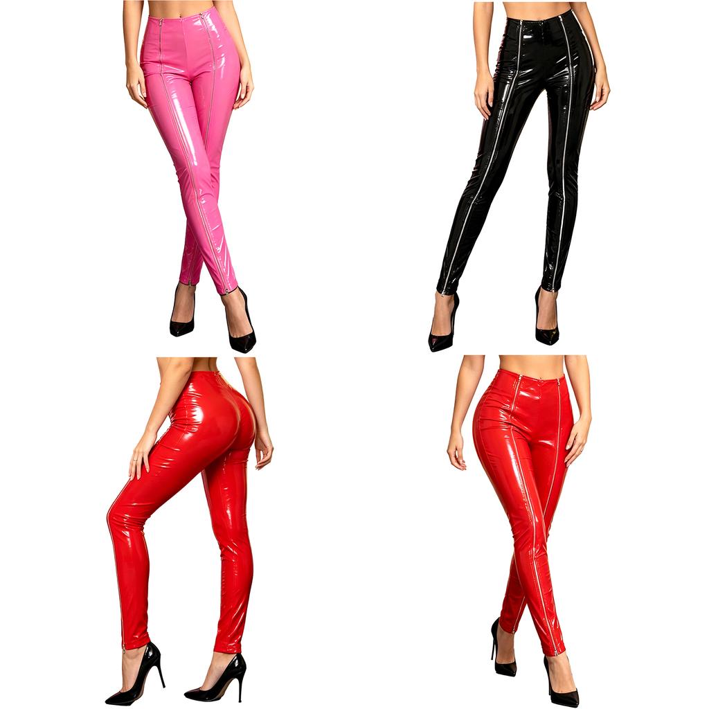 Women Patent Leather Front Zipper High Waist Leggings Wet Look Shiny Tights for Street Club Rave Party Stage Performance