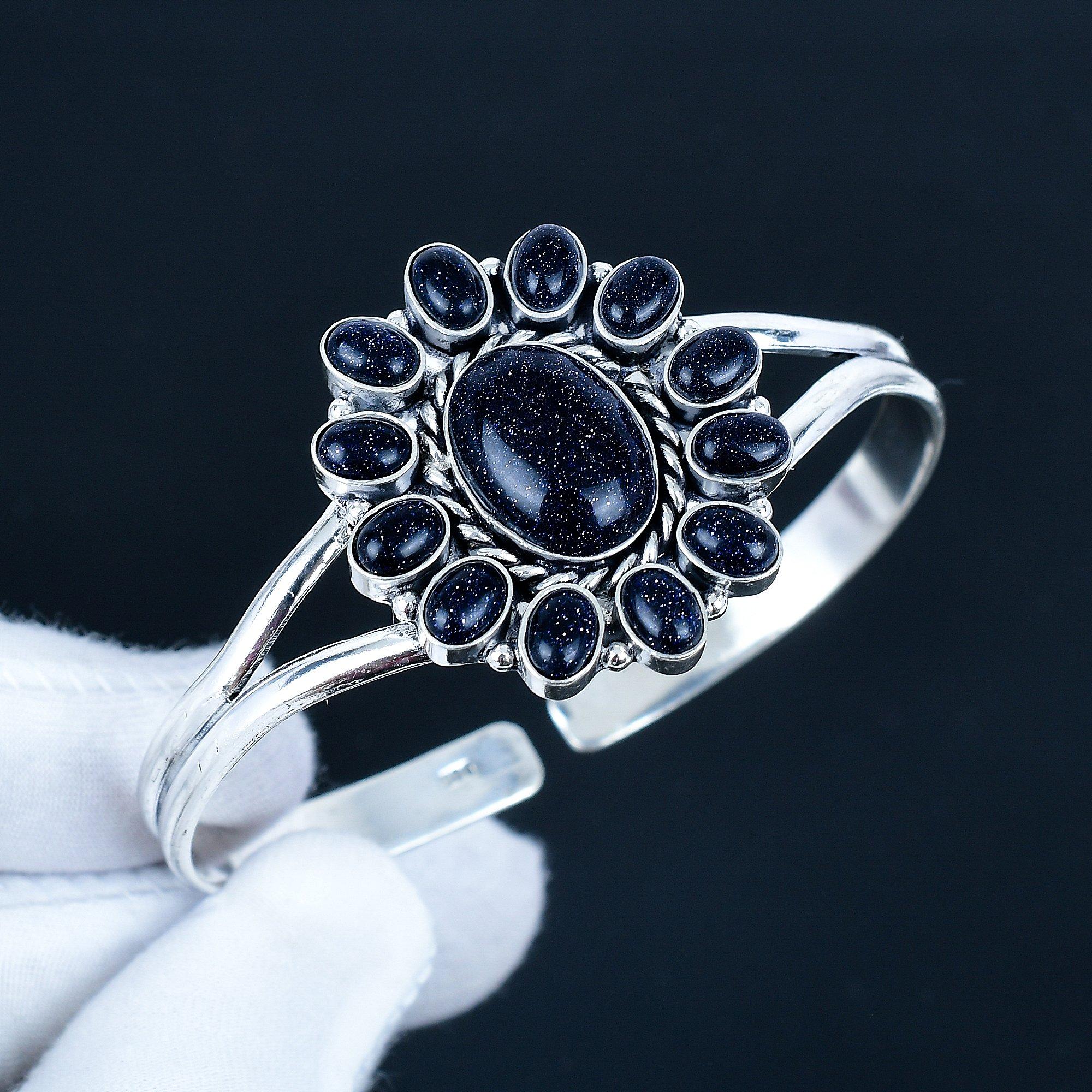 

Голубой Солнечный Камень Драгоценный Камень Манжета-Браслет Ручной Работы Серебро 925 пробы Манжета-Браслет, Браслет в форме цветка из голубого солнечного камня для жены, Унисекс браслет, Подарок 7 синий