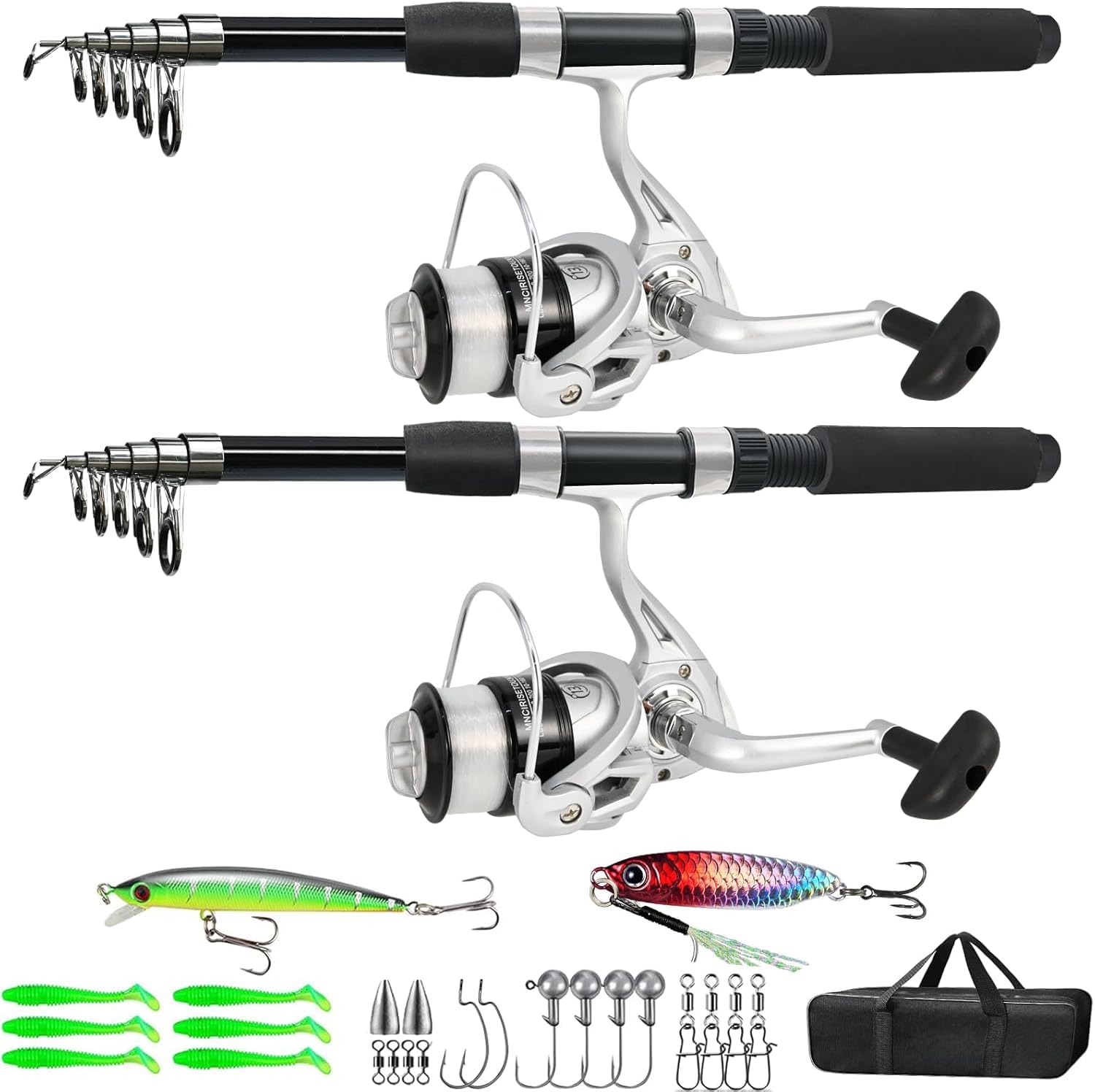 

Fishing Set with Two Carbon Fiber Telescopic Spinning and Fishing Ideal for Includes Storage for Sea River Ice Rock and Pier Fishing 2.1m Rods, Reel,