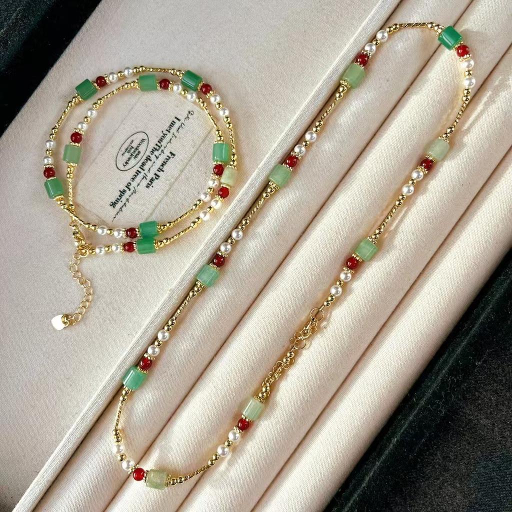 Retro High Quality Strong High Gloss Imitation Pearl Natural Chalcedony Dongling Jade Necklace Collarbone Chain Sweater Chain