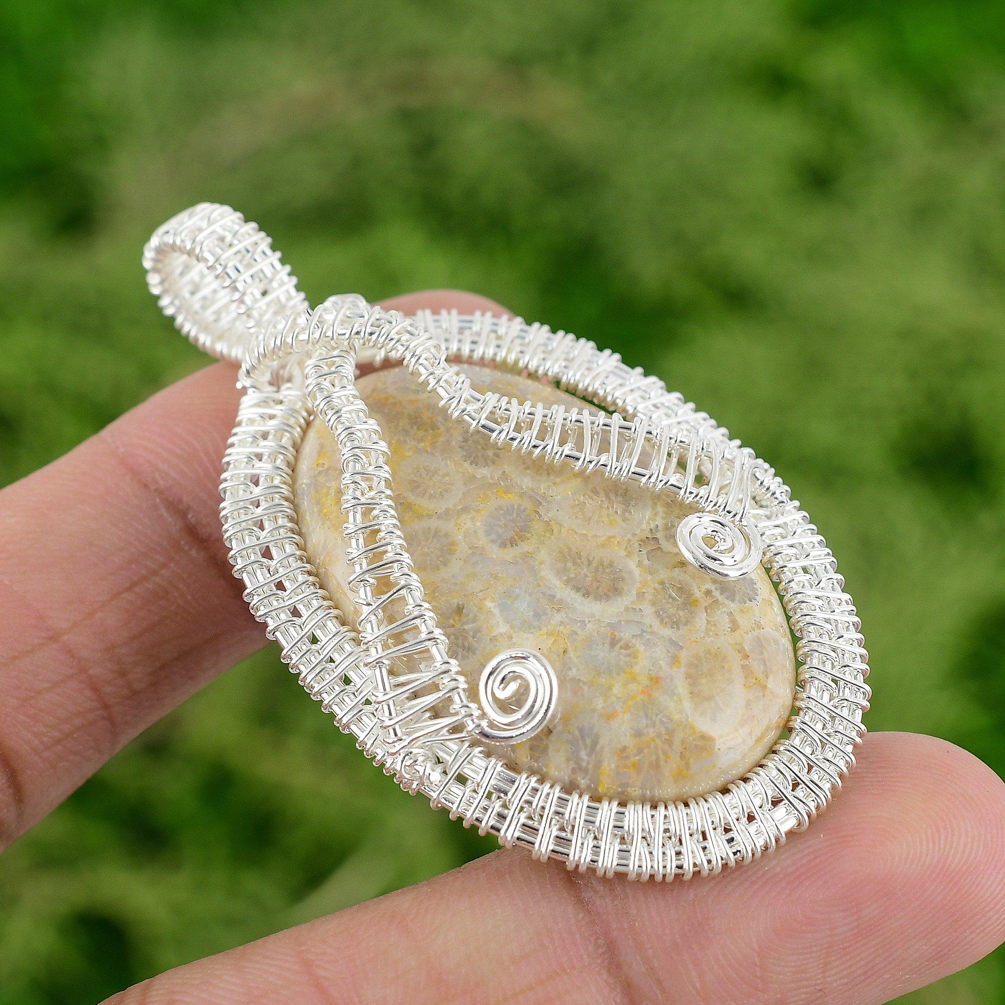 

925 Sterling Silver Natural Fossil Coral Artisan Wire Wrap Bezel Pendant Jewelry