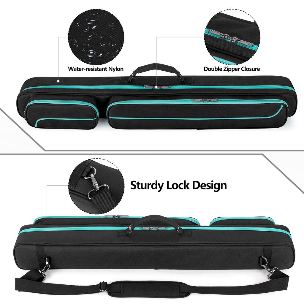 GOBUROS Cue Case, Holds 2 Butts and 2 Shafts, Billiard Cue Case, Pool Cue Bag, 1/2 Billiard Cue Bag (Green Zipper)