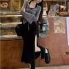 2026 Summer Sexy Retro Casual 2 Piece Dress Set Even Party Women Pure Color Cardigan + Black Midi Dress Korean Fashion Suits