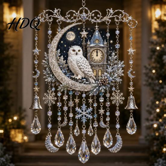 Clear Faceted Crystal Pendant Christmas Wind Chime with Bead Chain Cat Car/Owl Xmas Tree Ornaments Pattern Design Retro Hanging Ornament for