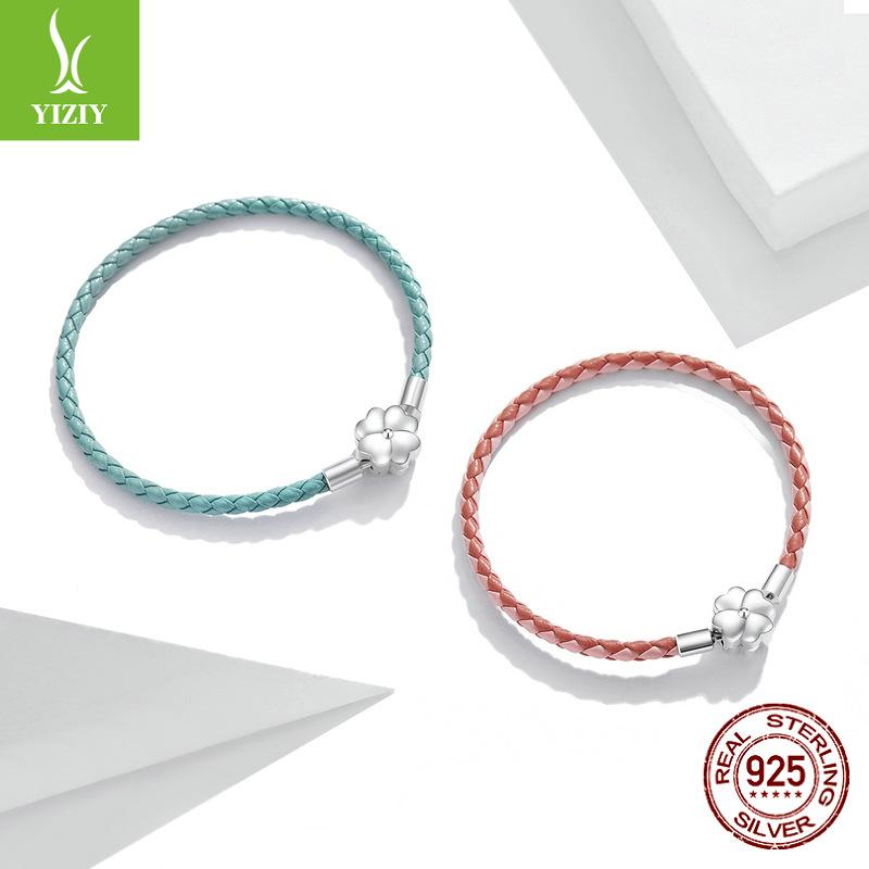 Gradual Change Four-Leaf Clover Leather Base Bracelet, Fashionable Diy925 Sterling Silver Woven Lucky Bracelet