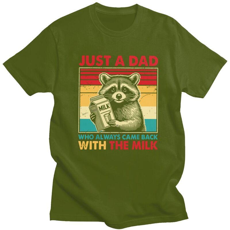 Custom Retro Raccoon Just A Dad Who Always Came Back With The Milk Tshirt for Men Short Sleeve T Shirt Tshirts Pure Cotton Tee