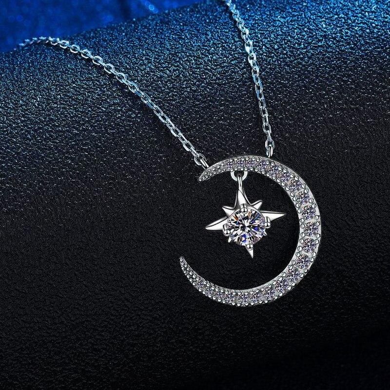 Real Vvs1 Moissanite Pendant Necklace Sterling Tone Moon Women Star 0 .3 Ct Gra Diamond Pendant Pendant Necklace Bridal Fine JewelryTrendy