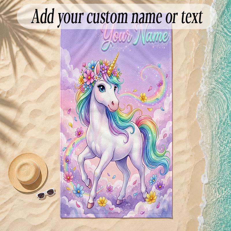 Unicorn Theme Soft Beach Towel Personalized Custom Name Text Towel Portable for Beach Pool Travel