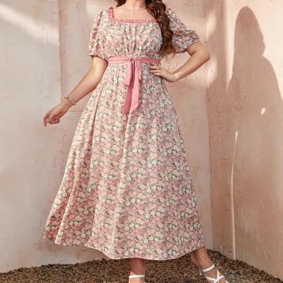 Plus Size Women's Summer Floral Square Collar Temperament Narrow Waist Show Fresh Literary Long Dress