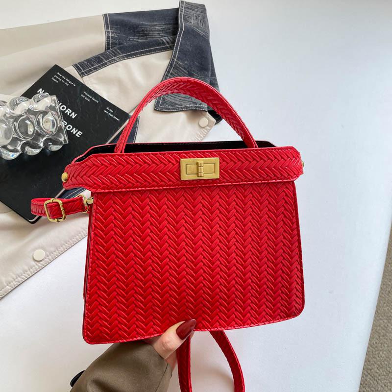 Women Fashion Woven Lock Buckle Small Square Shoulder Crossbody Handbag