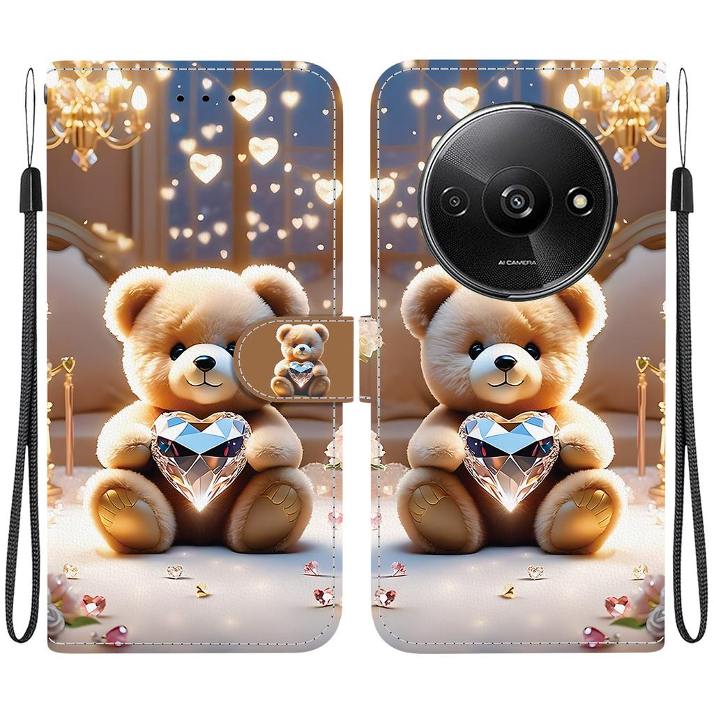 Handmade PU Leather Flip Case for Xiaomi Redmi A3 Anti-Slip Shockproof Cover with Wrist Strap & Heart/Rose Cat Designs