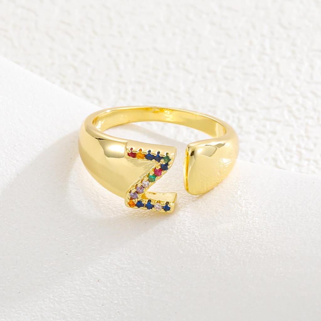 Fashionable Colorful Zircon Alphabet Adjustable Retro Ring