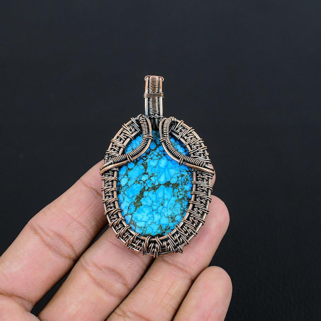 Tibetan Turquoise Pendant, 999 Copper Wire Wrapped Gemstone Jewelry, Handmade Pendant, For Thanksgiving