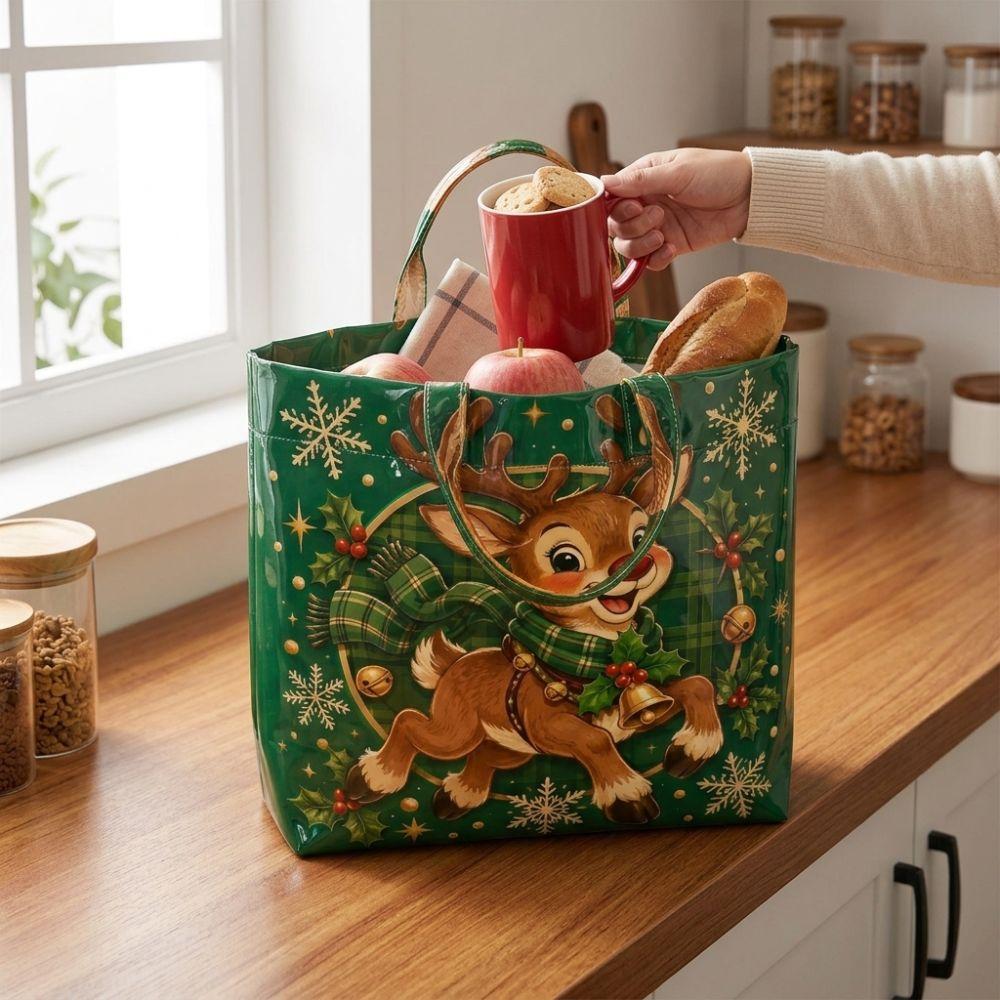 Large Capacity Christmas Print PVC Tote Bag Waterproof Christmas Hand Tote Commute Tote Bag Work