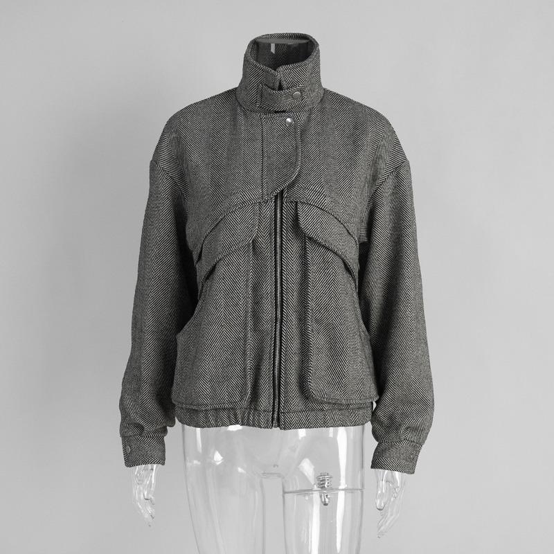 Women Loose Stand Collar Zipper Pocket Herringbone Long Sleeve Jacket Coat