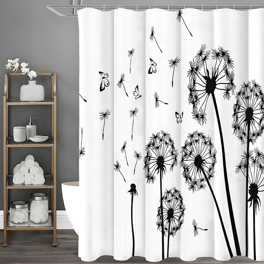 Pandara Jewelry Black/White And Dandelion Butterfly Shower Curtain, Bathroom Decorative Shower Curtain, Waterproof Shower Curtain With Hooks