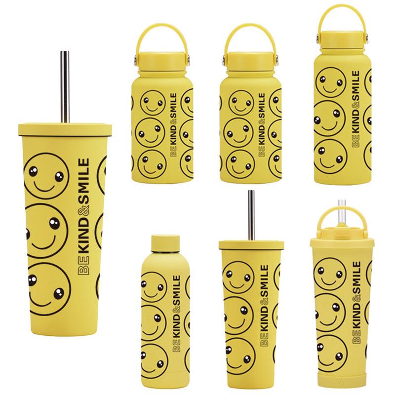 Stainless Steel Thermos Cup Yellow Smiley Face Straw Milk Tea Cup Coffee Cup Set Handle Sports Water Cup