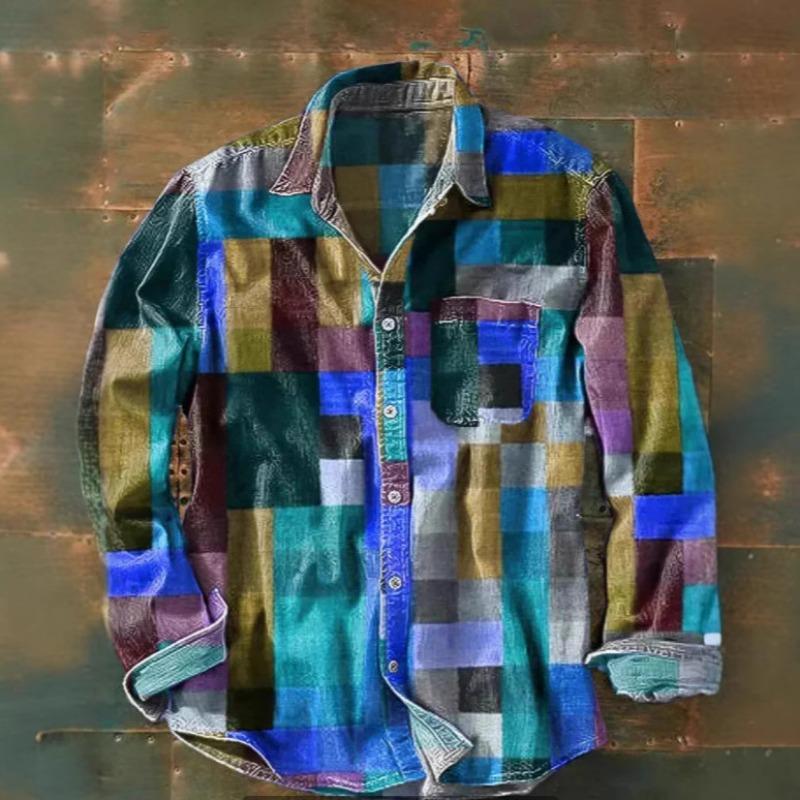 Vintage Colorblock Karomuster 3D-Druck Langarm Knopfhemd für Herren