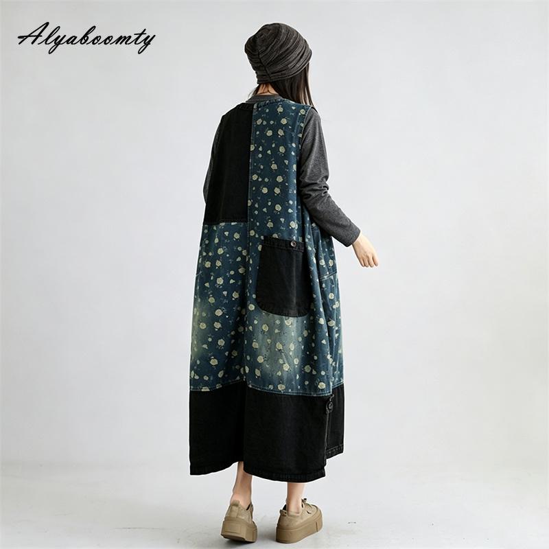 Korean Fashion Autumn Spring Women Oversized Denim Sundress O Neck Patchwork Rose Floral Print Tank Dress Sleeveless Retro Baggy Stylish Midi Dress