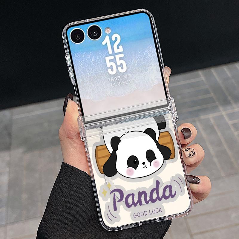 Cute Panda Print Case For Samsung Z Flip 8 7 FE 6 5 Magnetic Clear Hard PC Folding Phone Cover For Galaxy Z Flip8 Flip7 Flip6