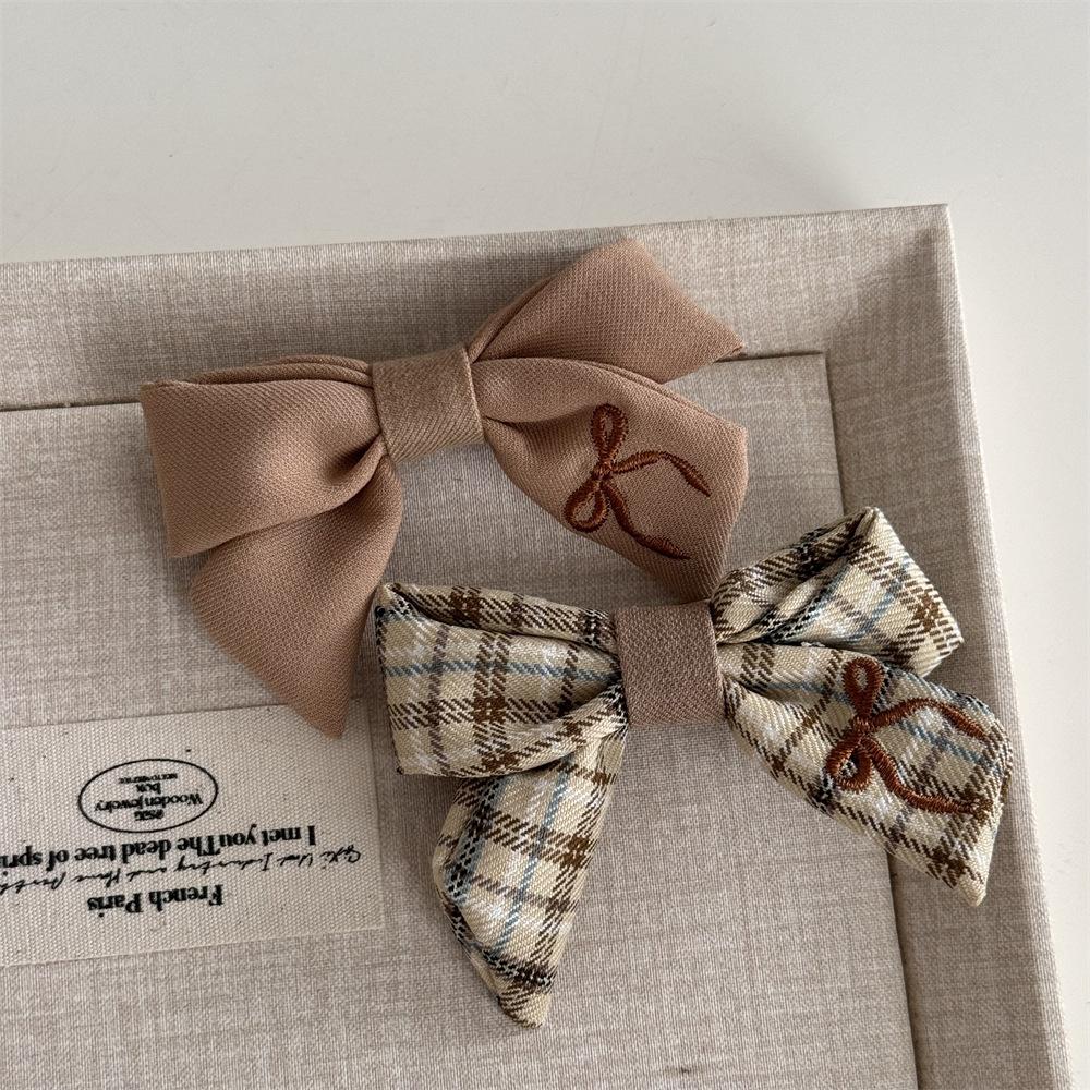 Milk Coffee Plaid Embroidered Bow Hairpin Sweet and Cute BB Clip Versatile Texture Side Clip Hair Accessories