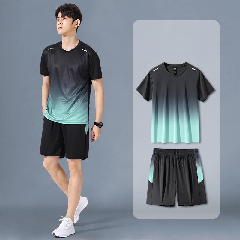 Summer Sportswear Men Gradient Printed Badminton Set Outdoor Running T-shirt and Shorts Comfortable and Breathable Clothing