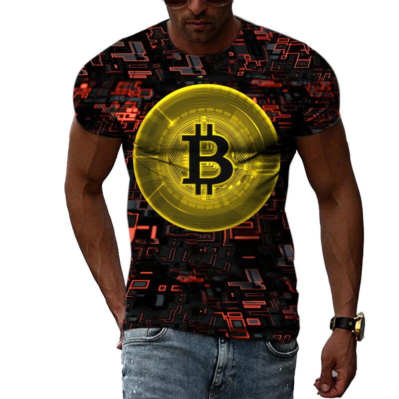 Summer Fashion Abstract Bitcoin 3D Print Tee Hip Hop Harajuku Personality Round Neck Short Sleeve Casual Men's T-shirts